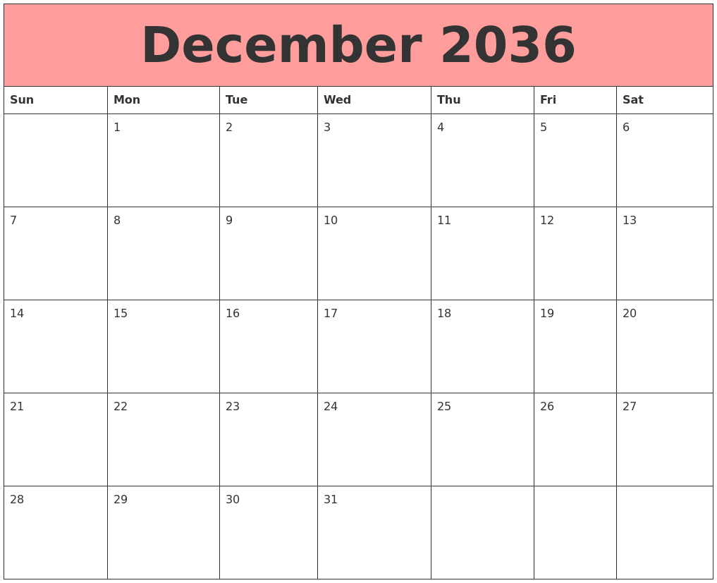 December 2036 Calendars That Work
