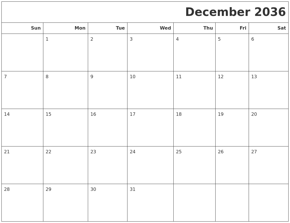 December 2036 Calendars To Print
