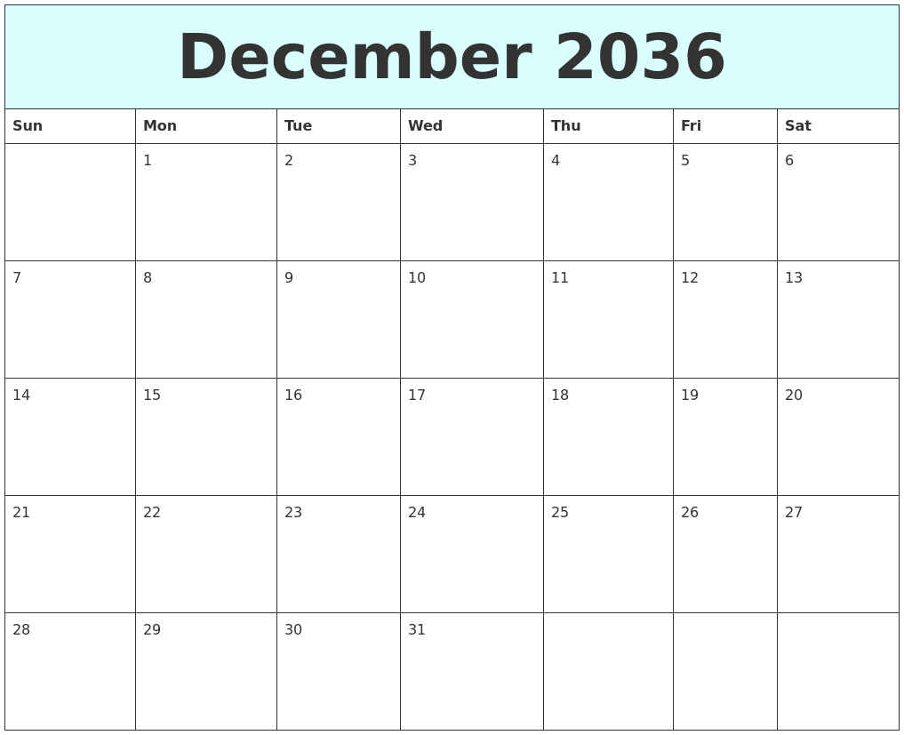 December 2036 Free Calendar