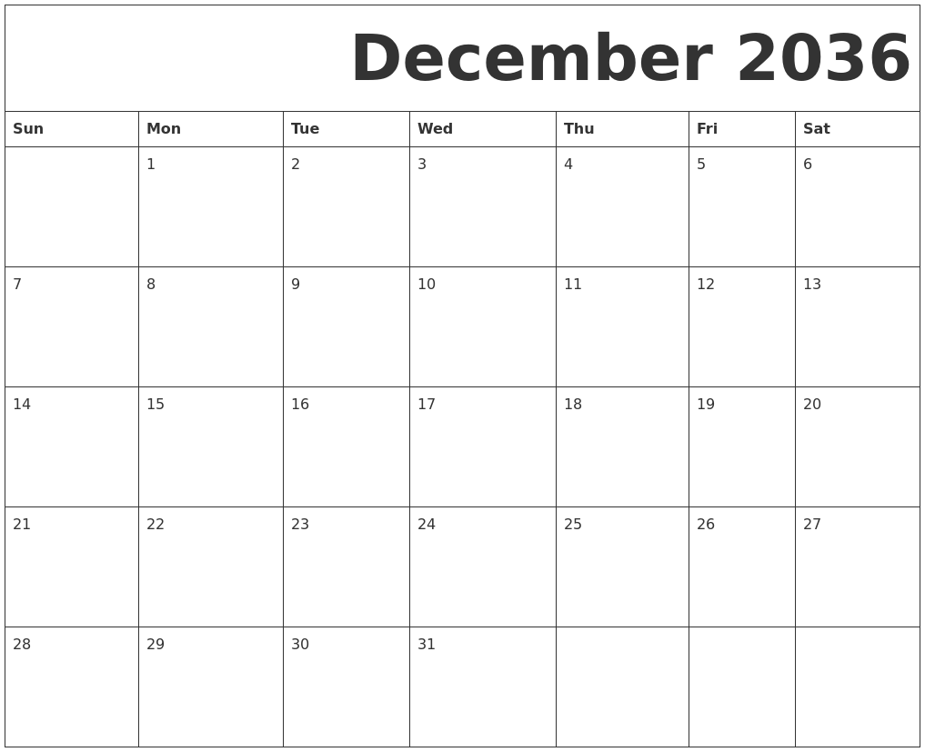 December 2036 Free Printable Calendar