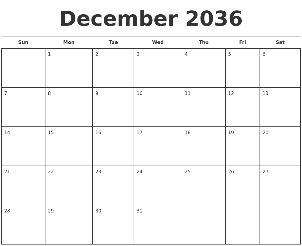 December 2036 Monthly Calendar Template