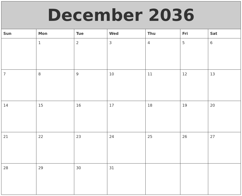 December 2036 My Calendar