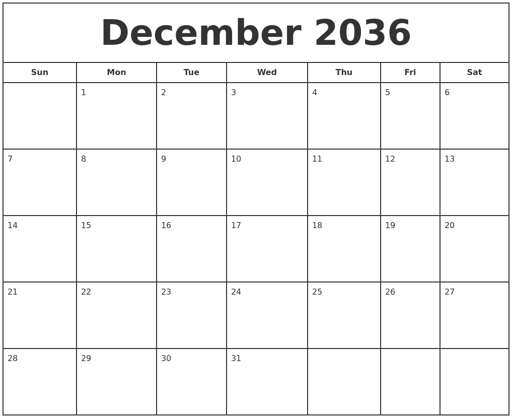 December 2036 Print Free Calendar