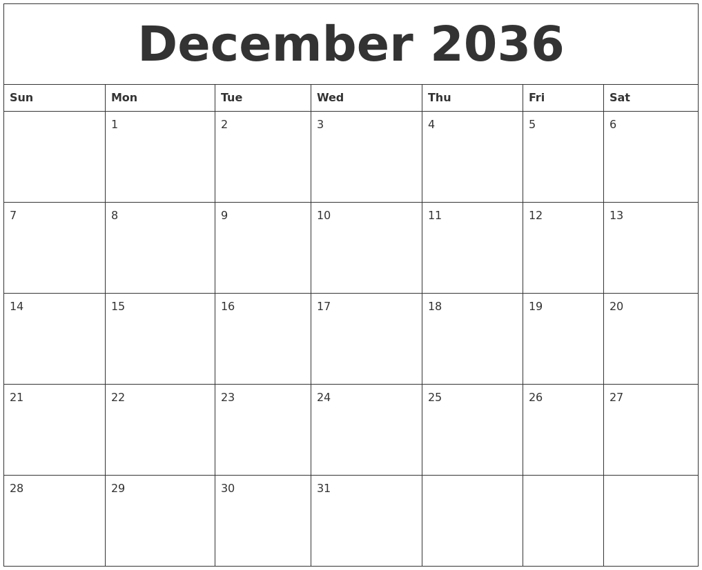 December 2036 Printable Blank Monthly Calendar