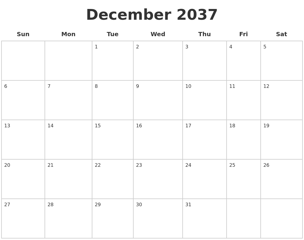 December 2037 Blank Calendar Pages