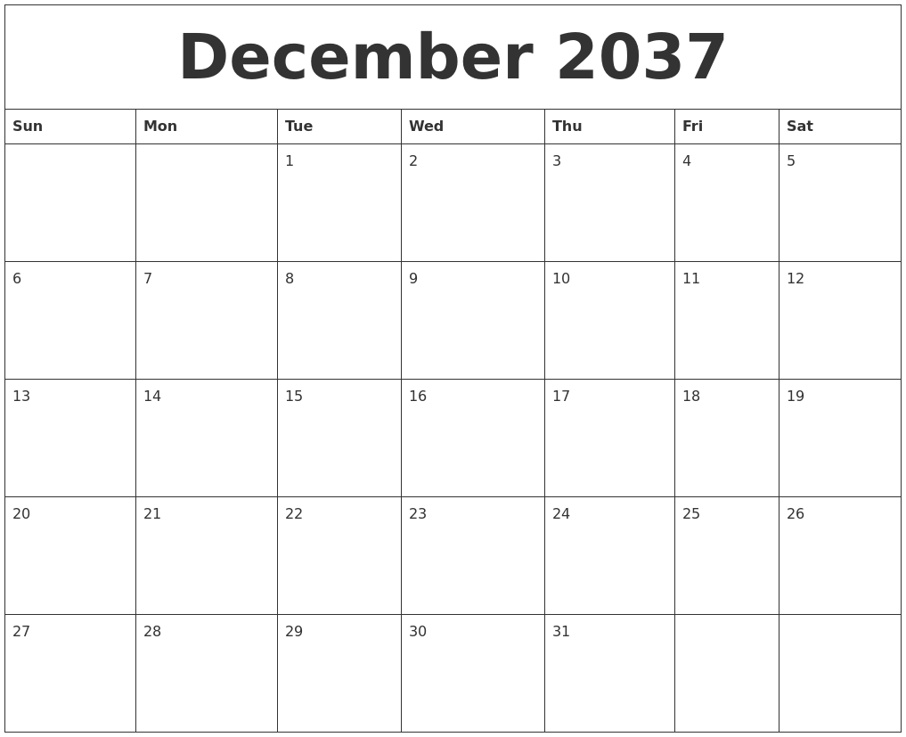 December 2037 Blank Calendar To Print