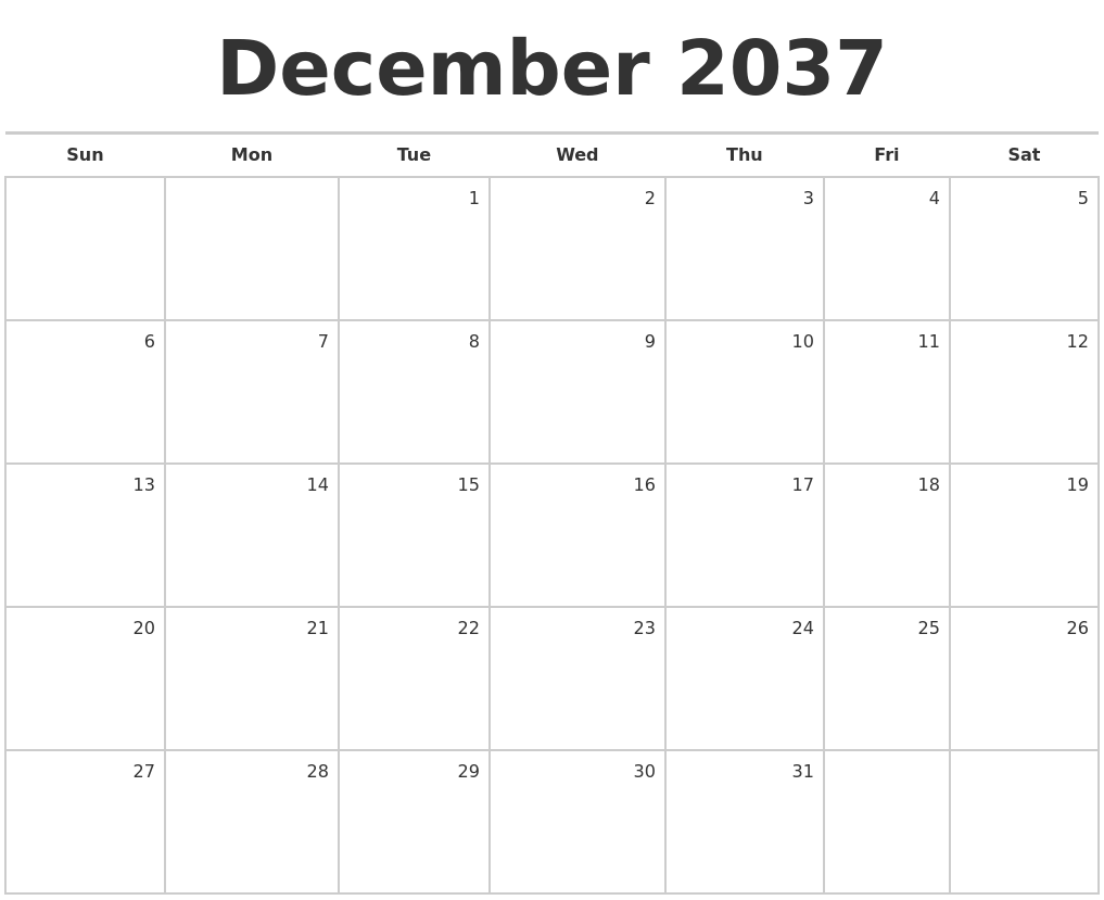 December 2037 Blank Monthly Calendar
