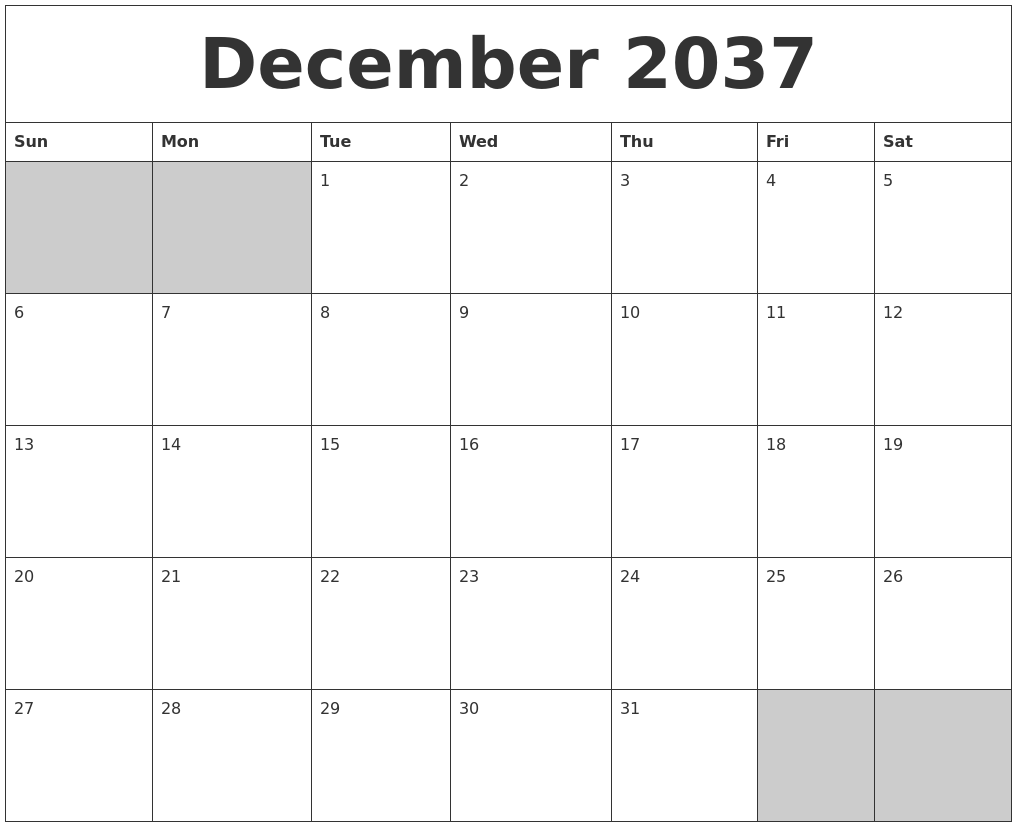 December 2037 Blank Printable Calendar