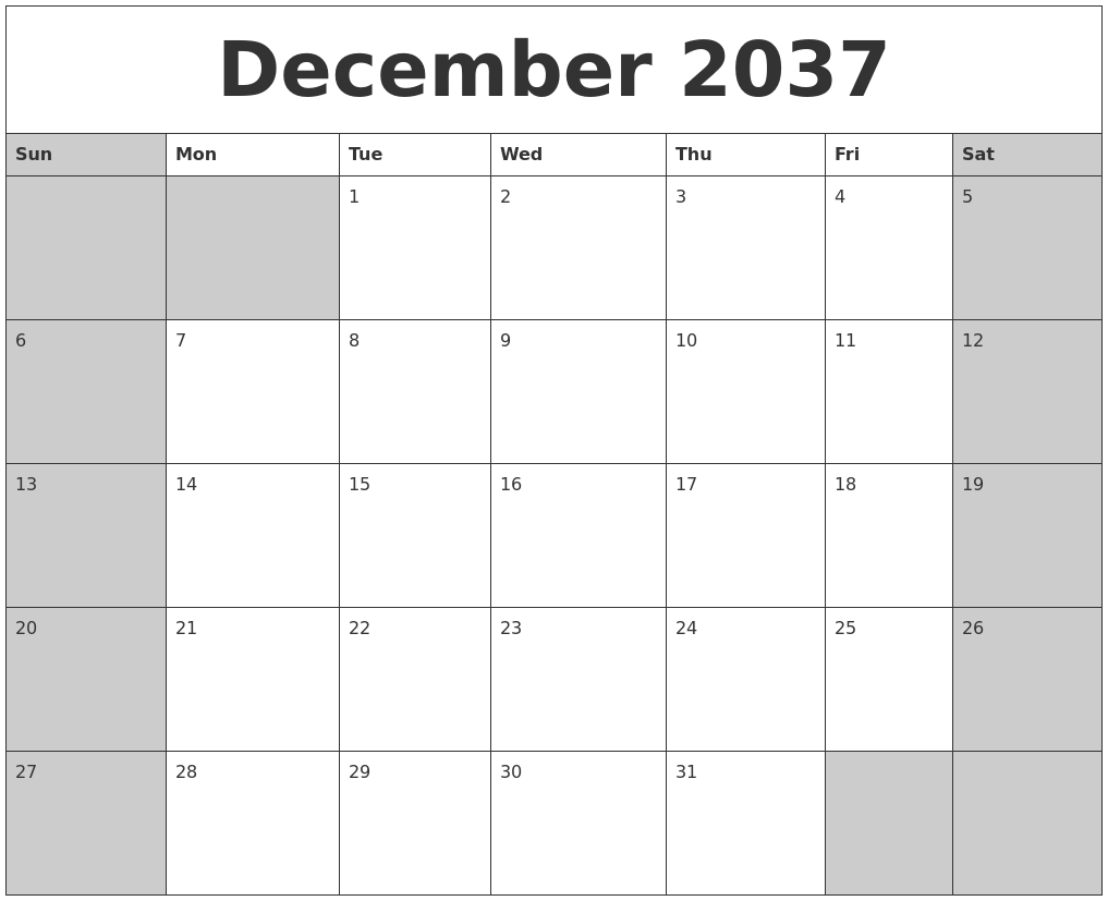 December 2037 Calanders