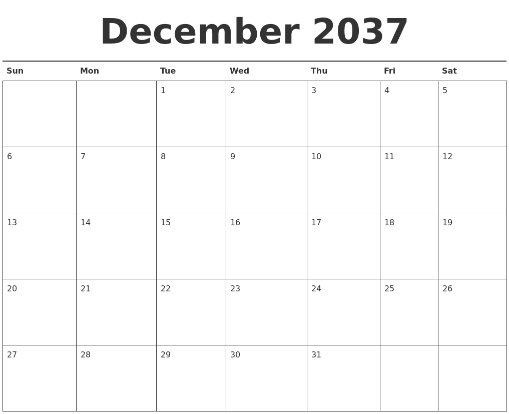 December 2037 Calendar Printable