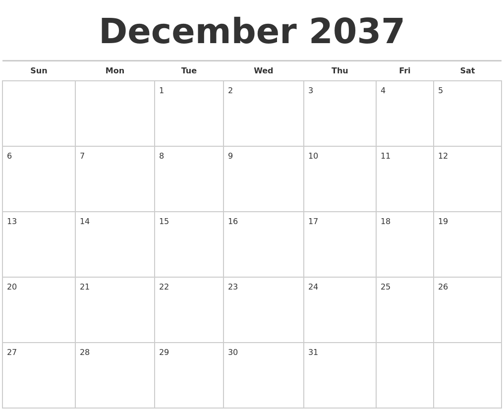 December 2037 Calendars Free