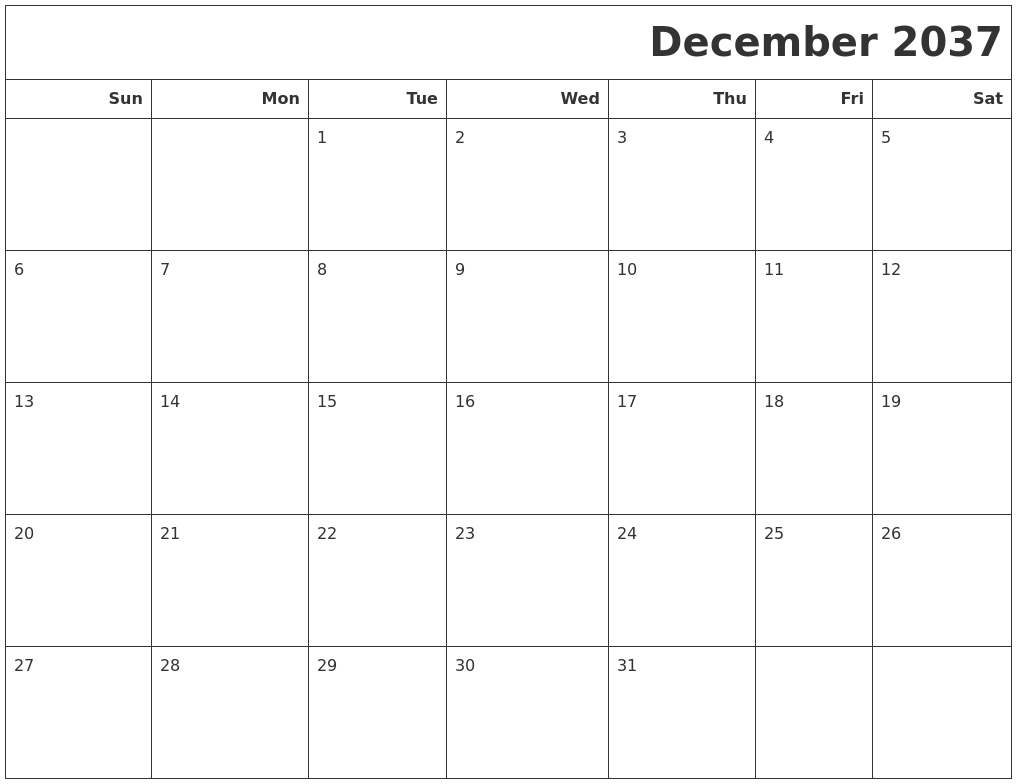 December 2037 Calendars To Print