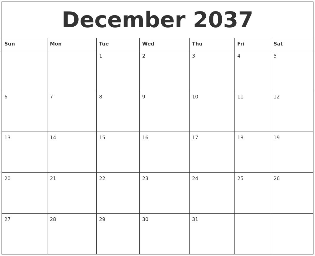 December 2037 Month Calendar Template