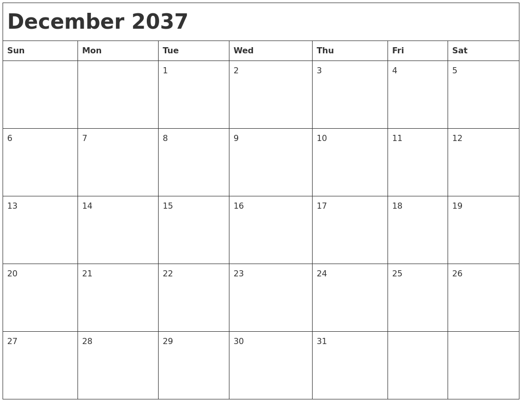 December 2037 Month Calendar