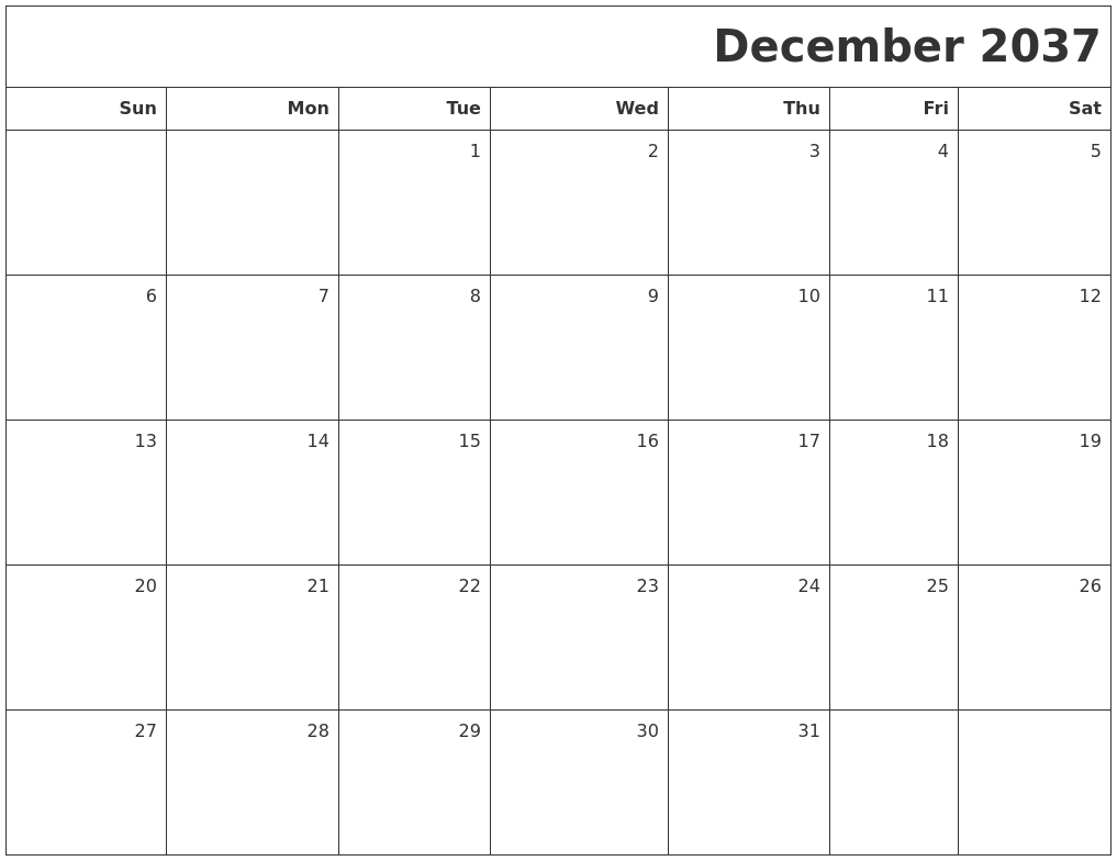 December 2037 Printable Blank Calendar
