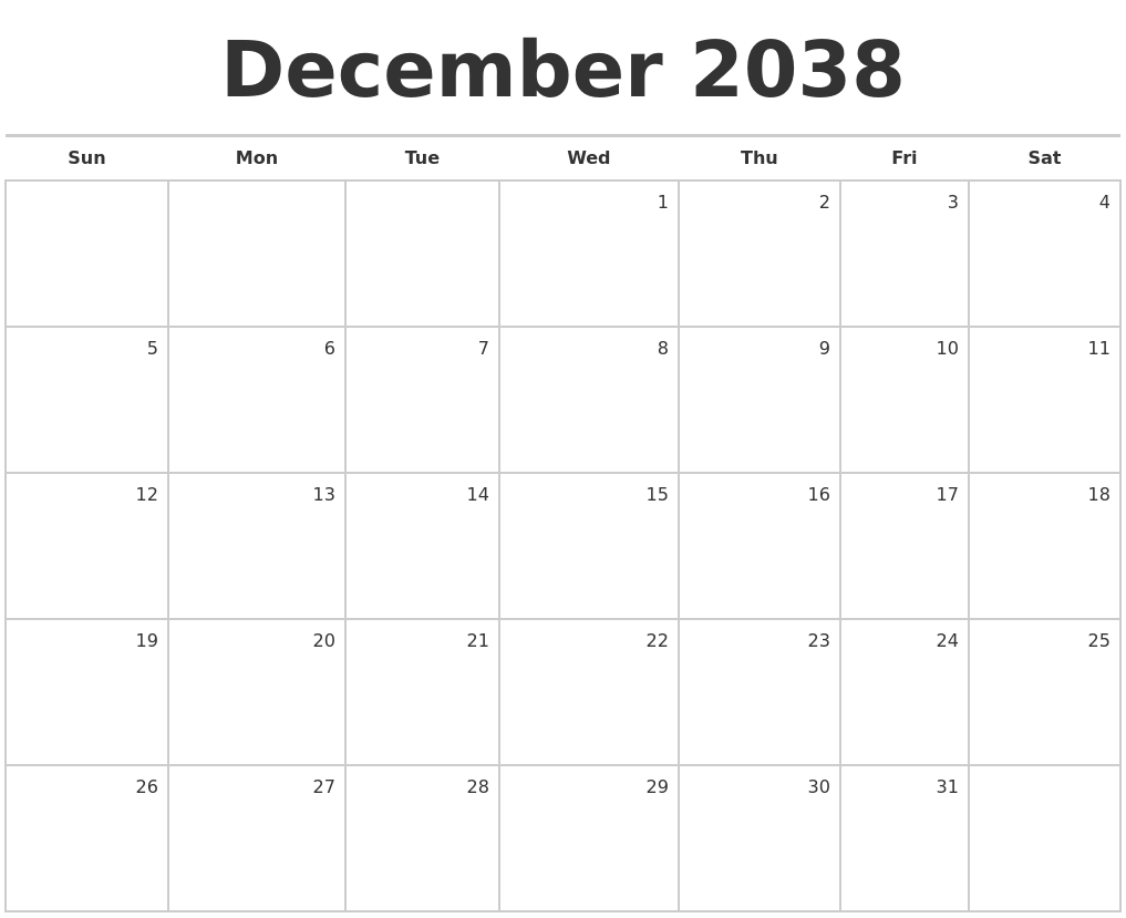 December 2038 Blank Monthly Calendar
