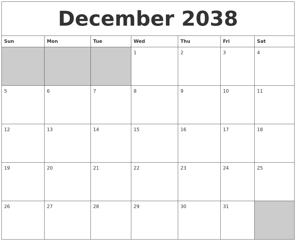 December 2038 Blank Printable Calendar