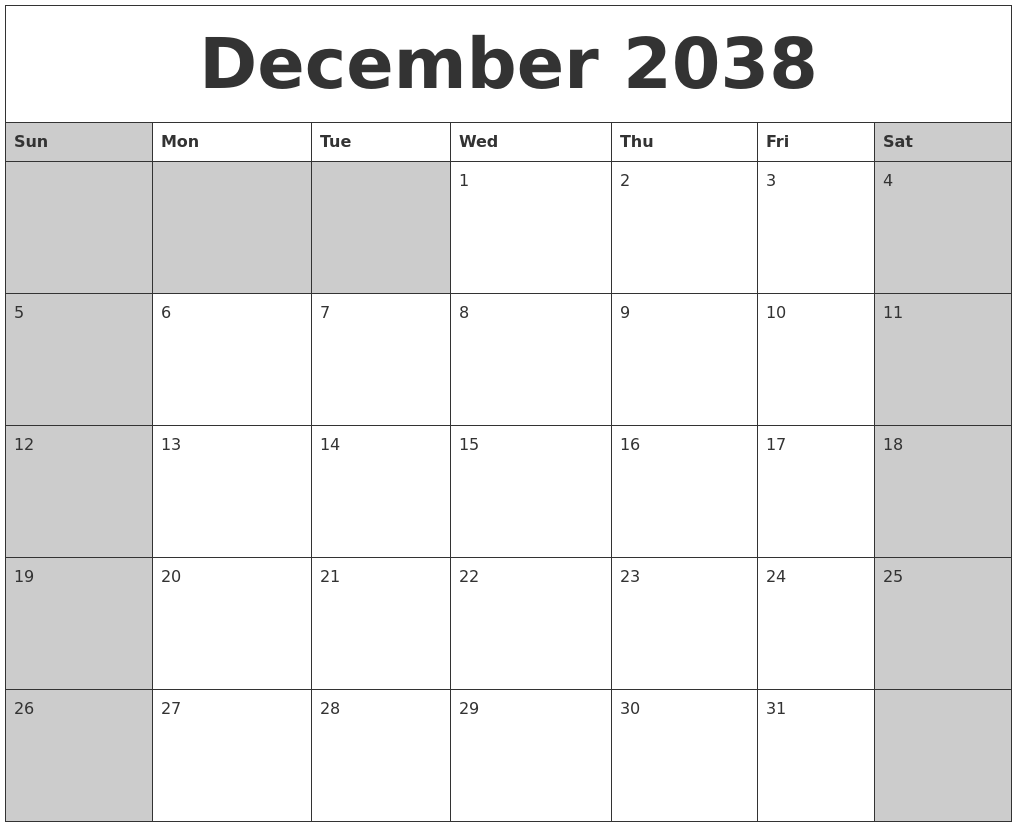 December 2038 Calanders
