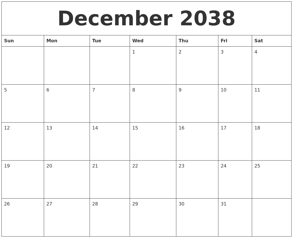 December 2038 Calendar For Printing