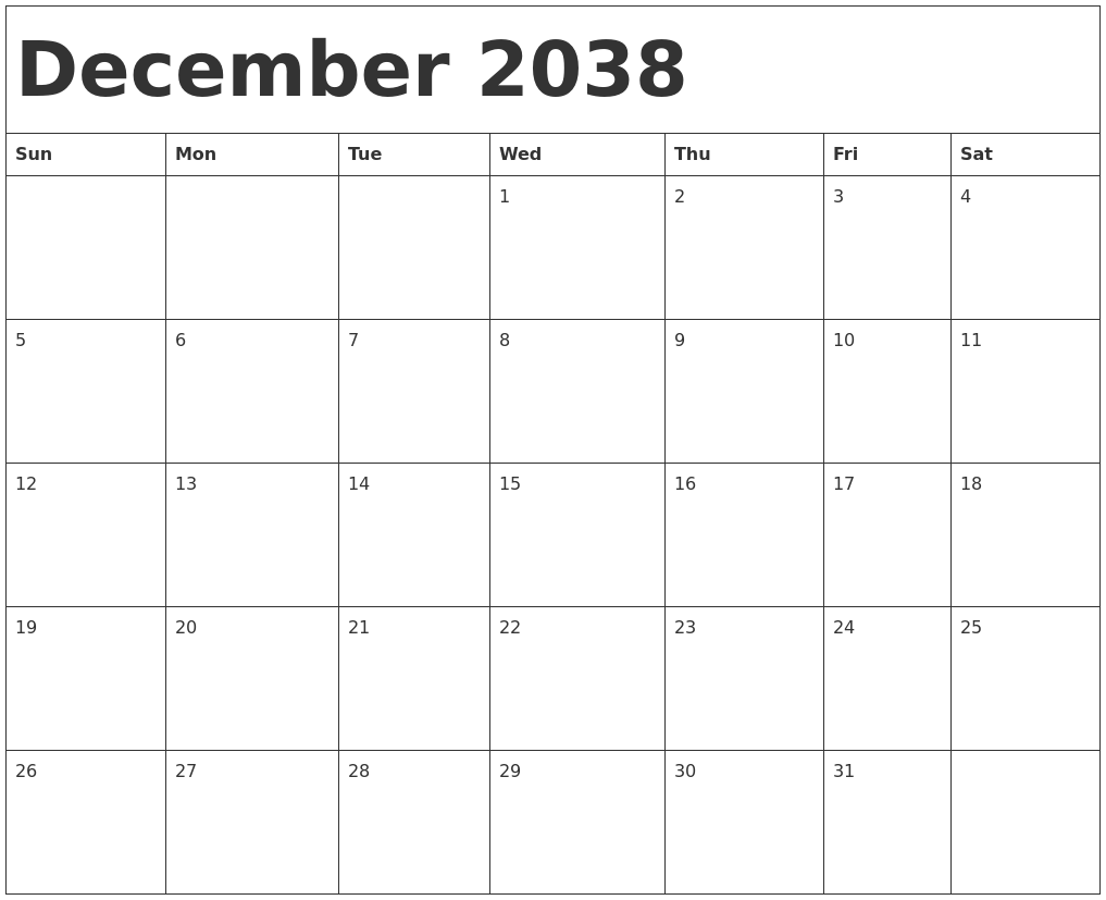 December 2038 Calendar Template