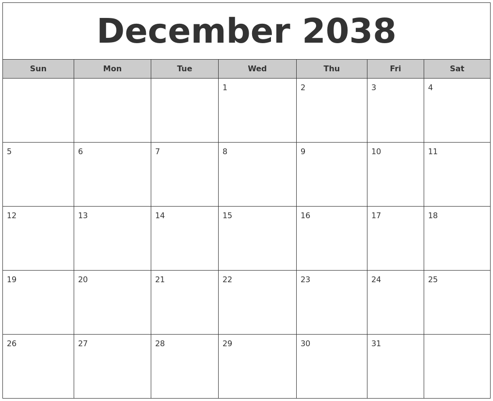 December 2038 Free Monthly Calendar
