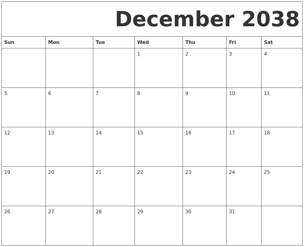 December 2038 Free Printable Calendar