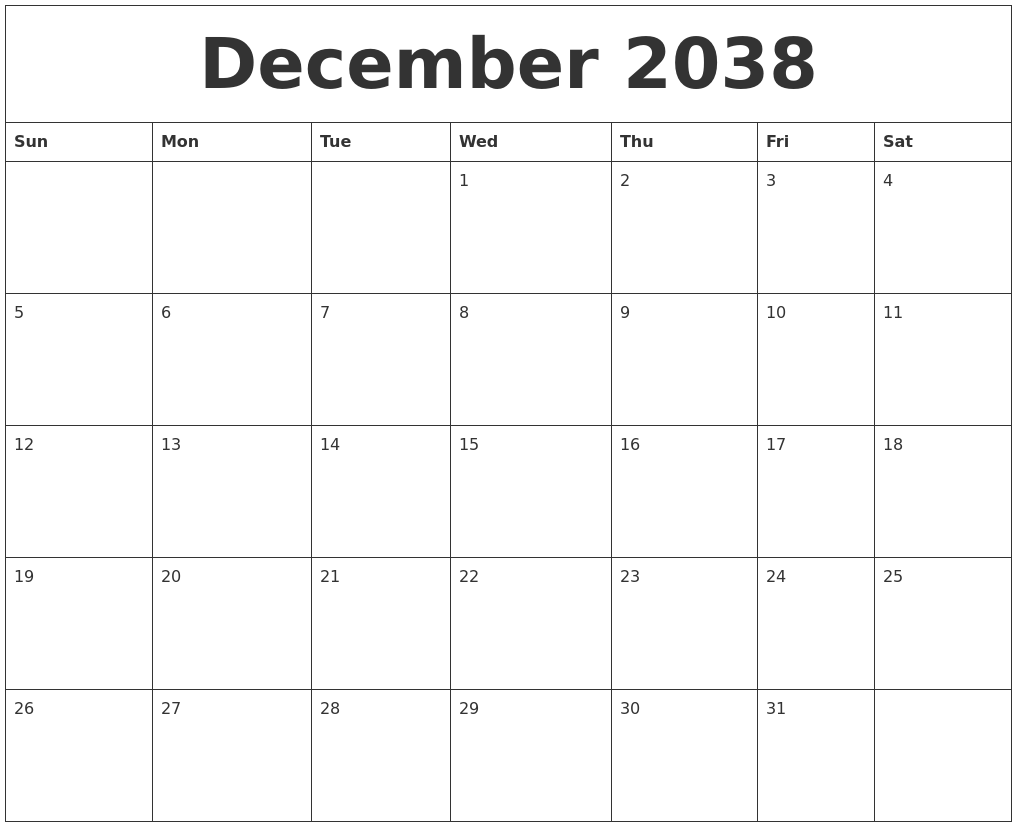 December 2038 Free Weekly Calendar