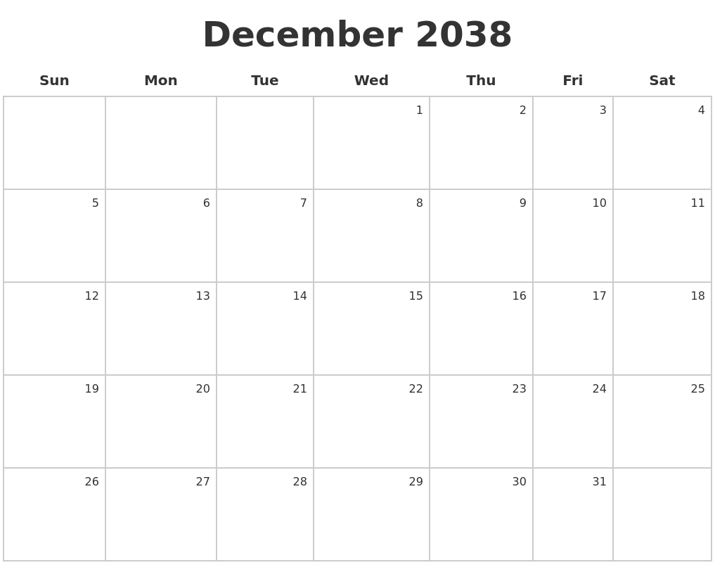 December 2038 Make A Calendar