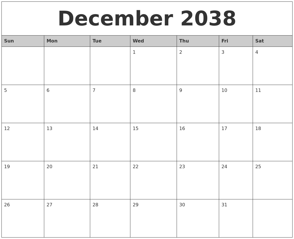 December 2038 Monthly Calendar Printable