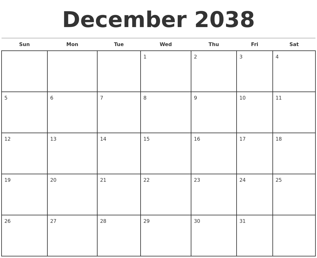December 2038 Monthly Calendar Template