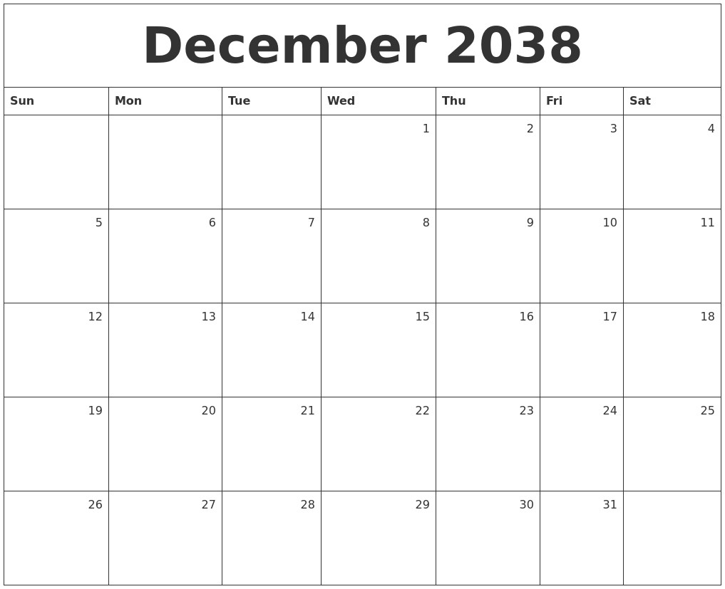 December 2038 Monthly Calendar
