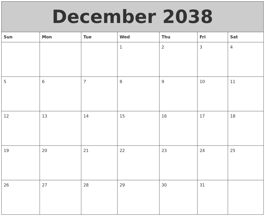 December 2038 My Calendar