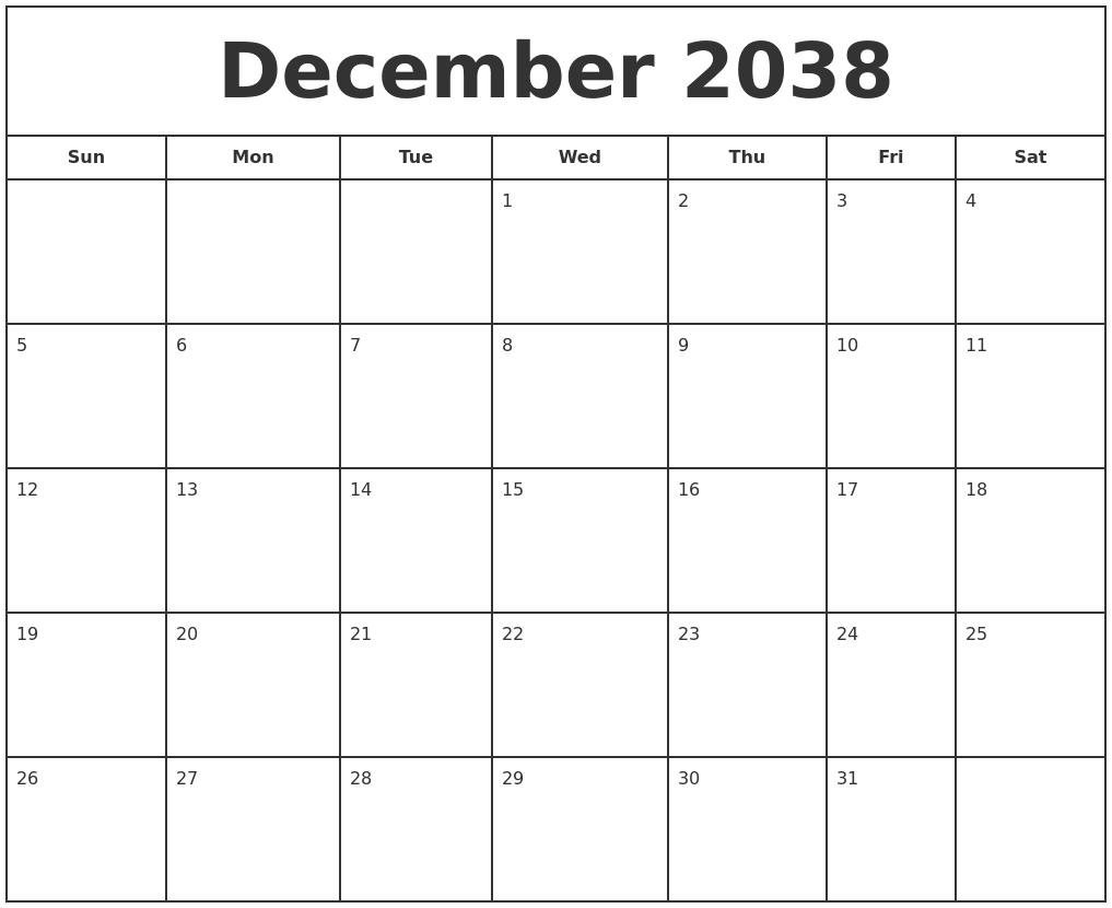 December 2038 Print Free Calendar