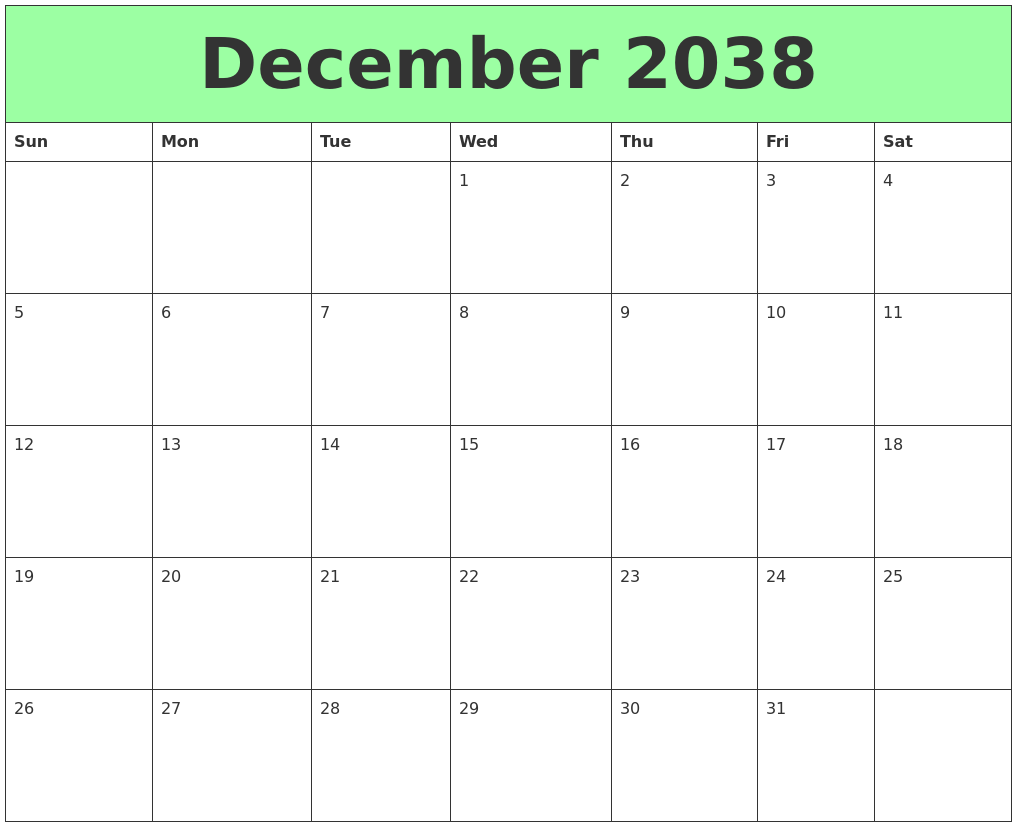 December 2038 Printable Calendars