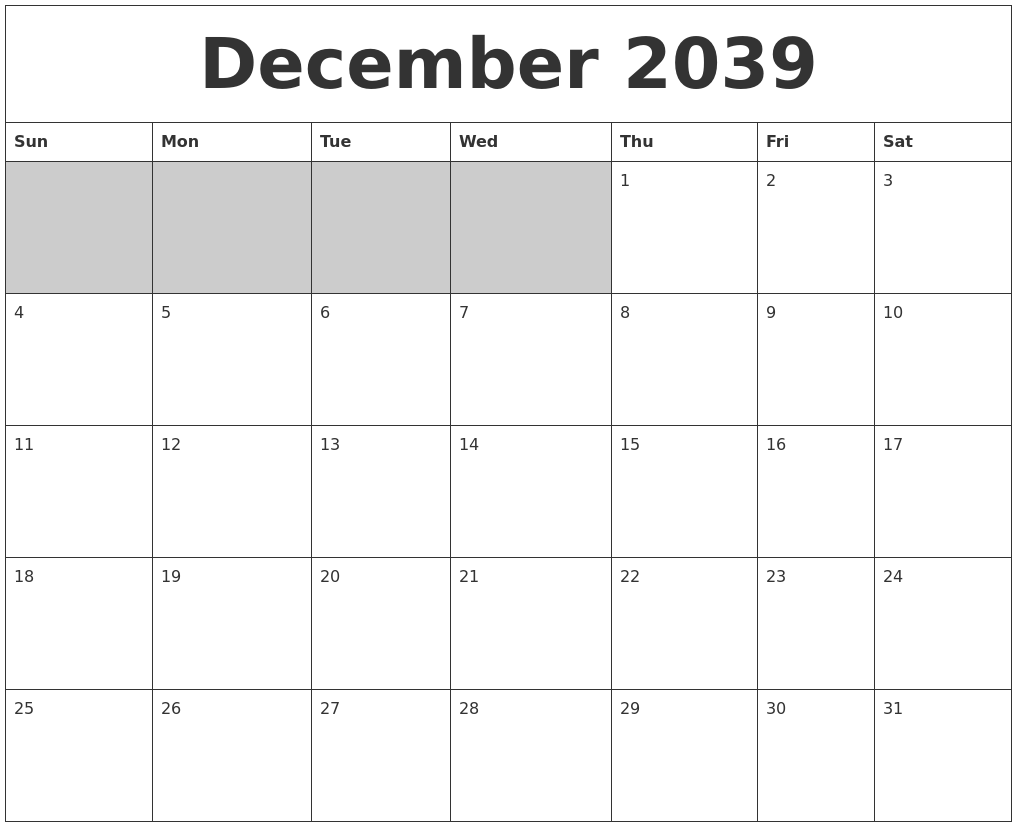 December 2039 Blank Printable Calendar
