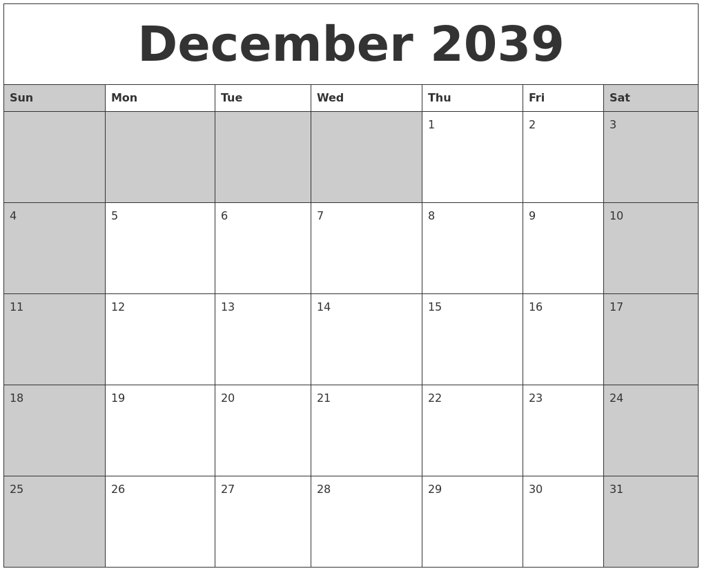 December 2039 Calanders