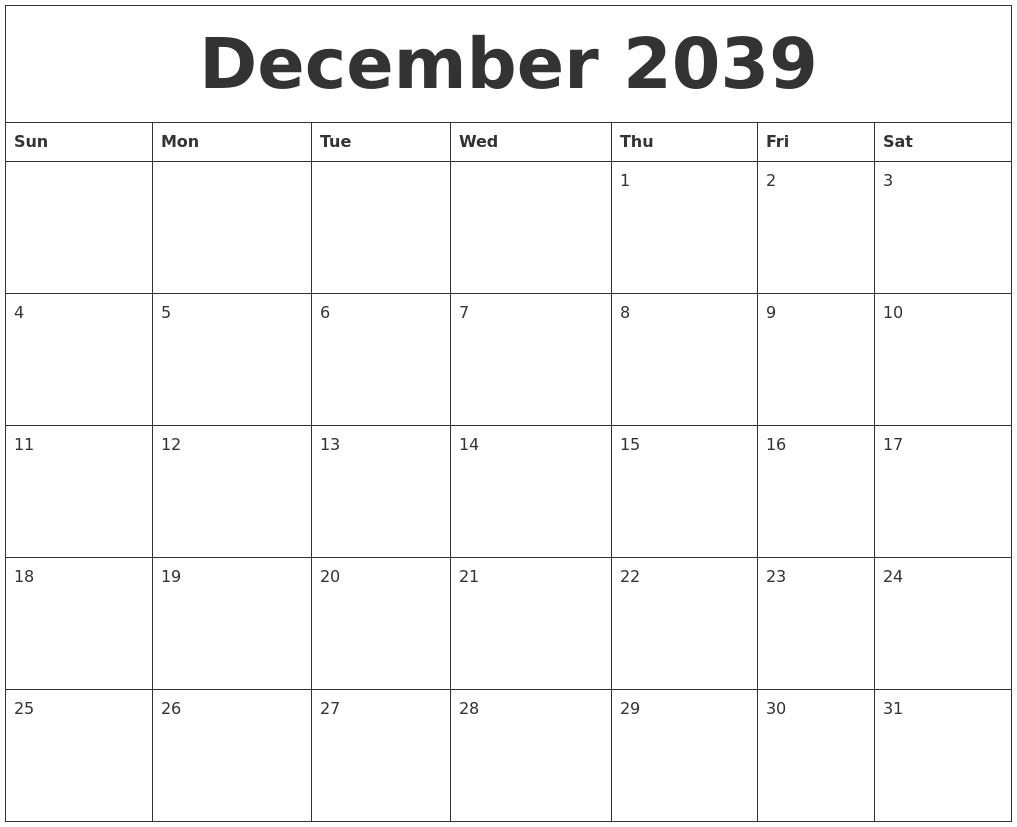 December 2039 Calendar For Printing