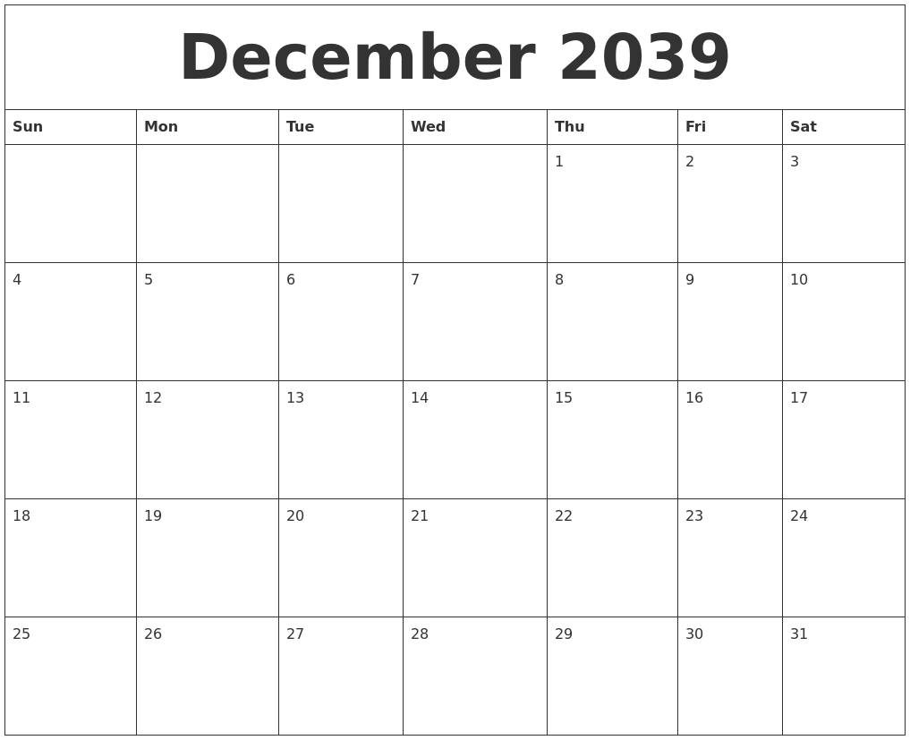December 2039 Calendar Monthly