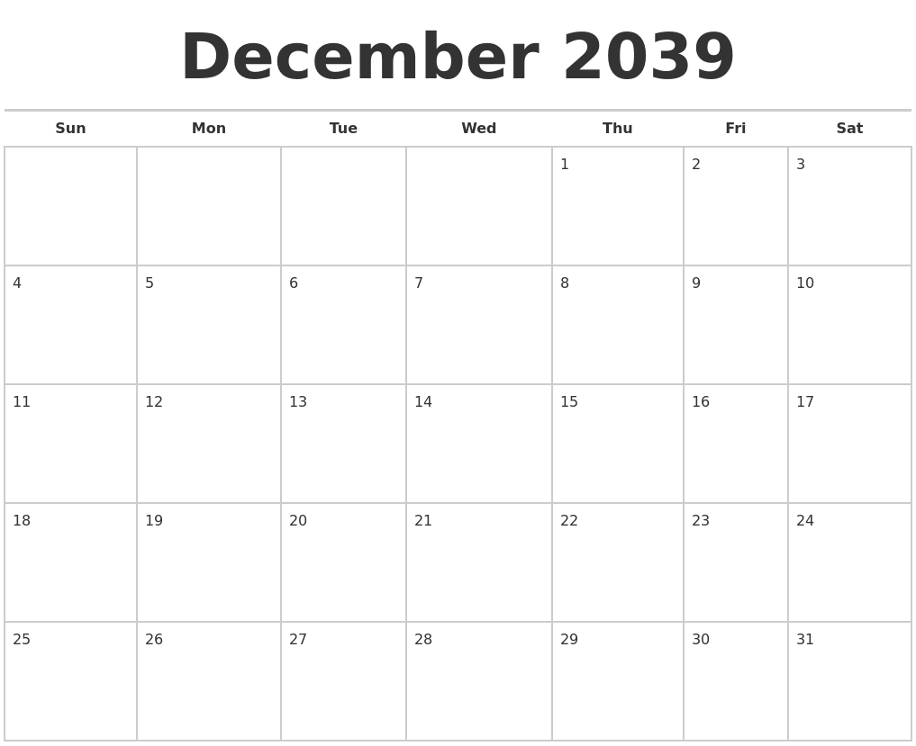 December 2039 Calendars Free