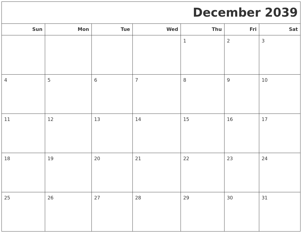 December 2039 Calendars To Print