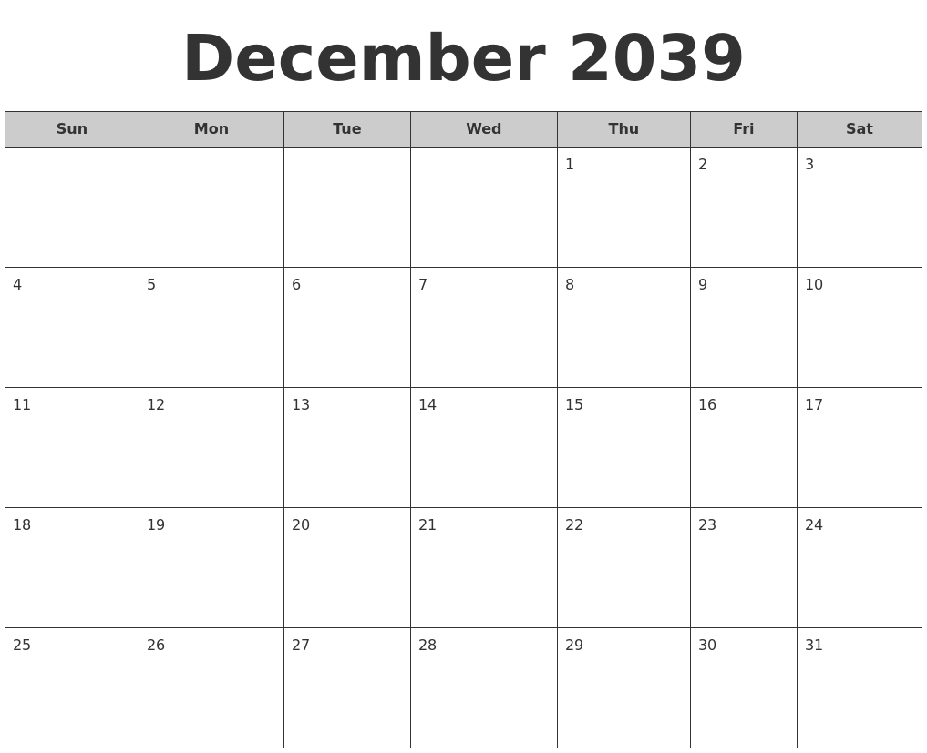 December 2039 Free Monthly Calendar