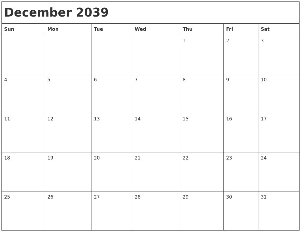 December 2039 Month Calendar