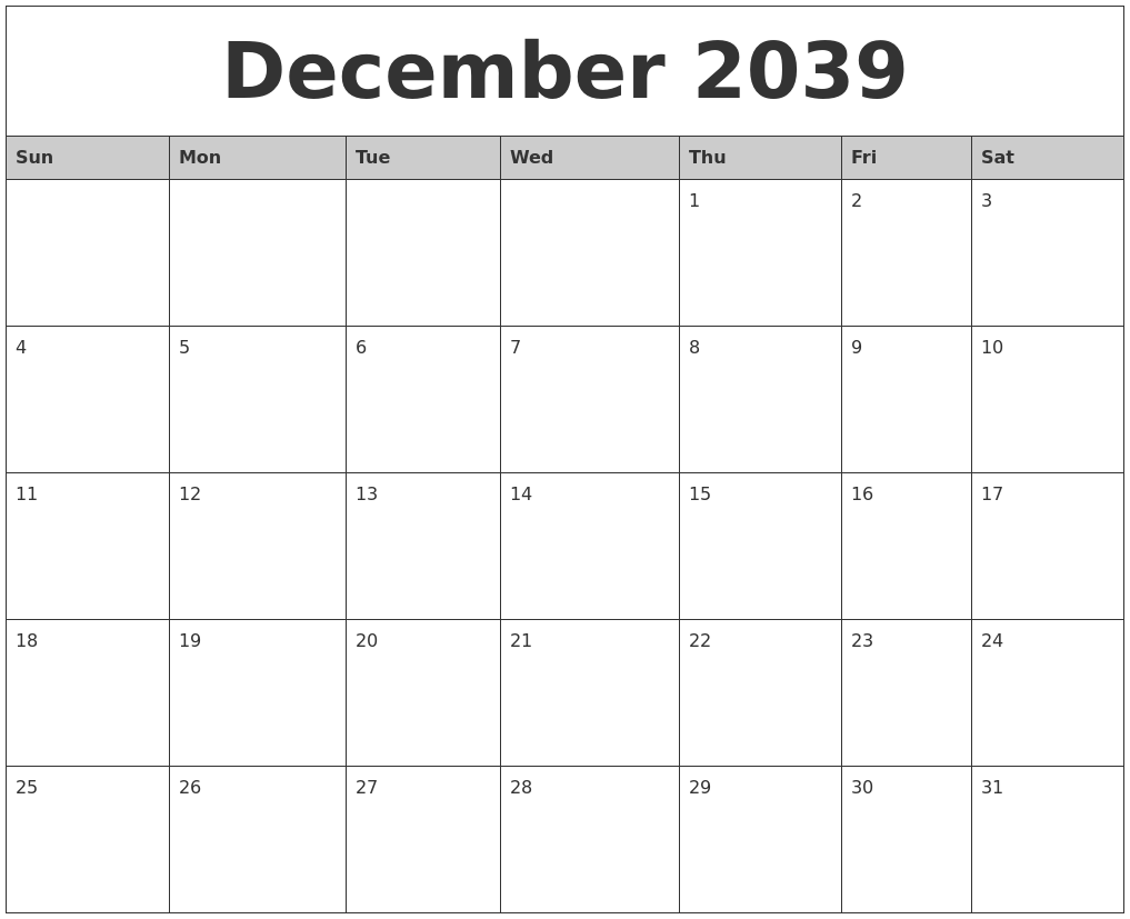 December 2039 Monthly Calendar Printable