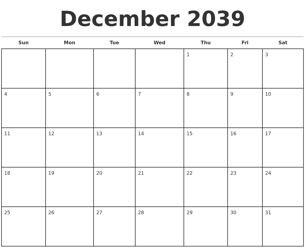 December 2039 Monthly Calendar Template
