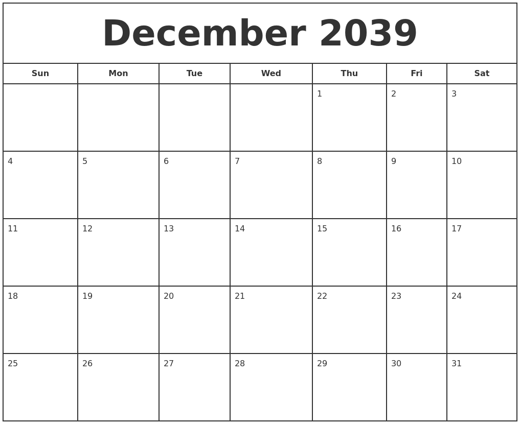December 2039 Print Free Calendar