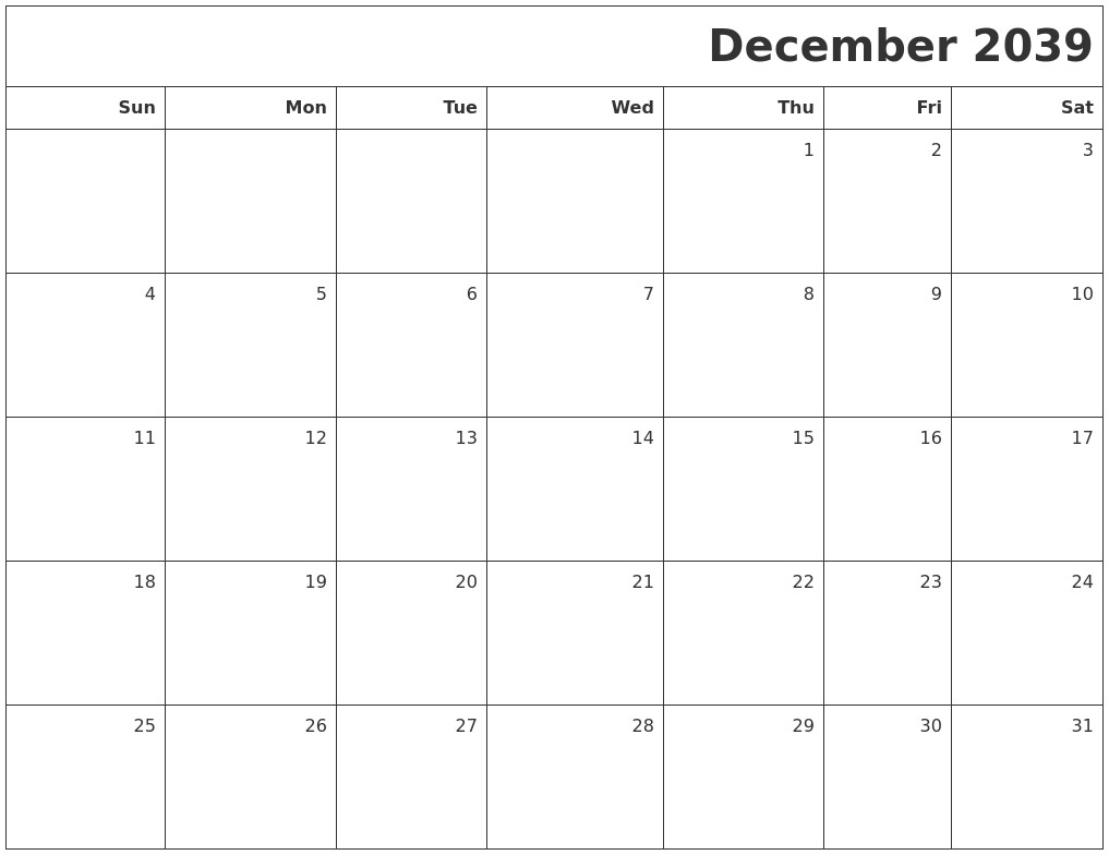 December 2039 Printable Blank Calendar