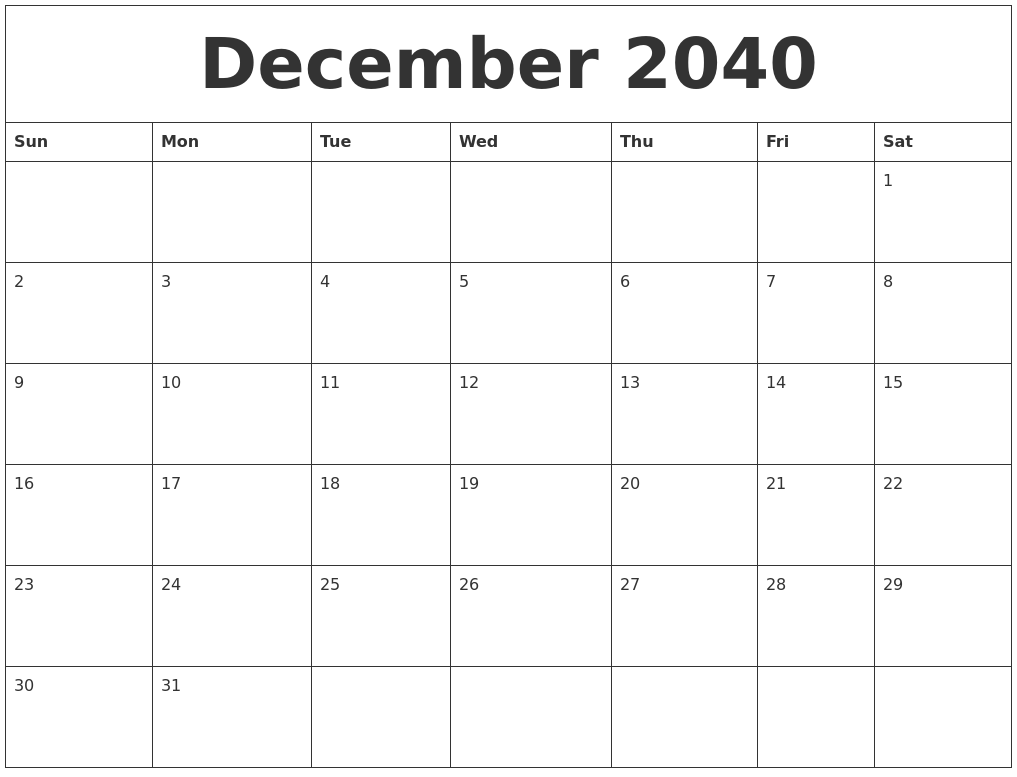 December 2040 Blank Calendar To Print