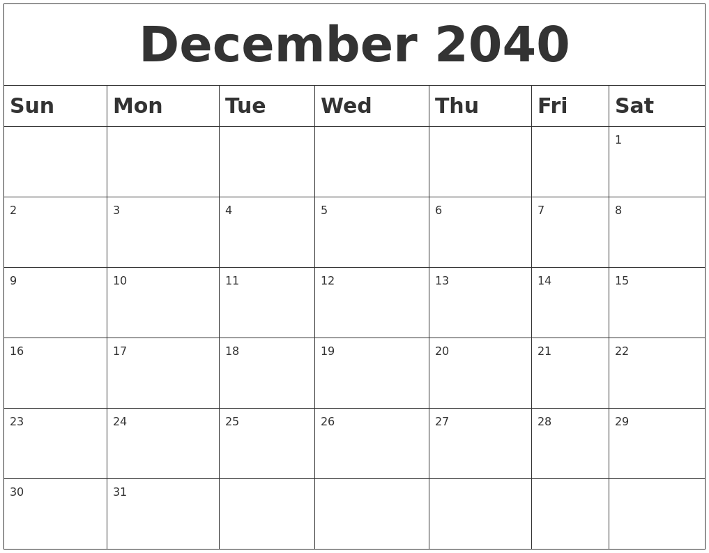 December 2040 Blank Calendar