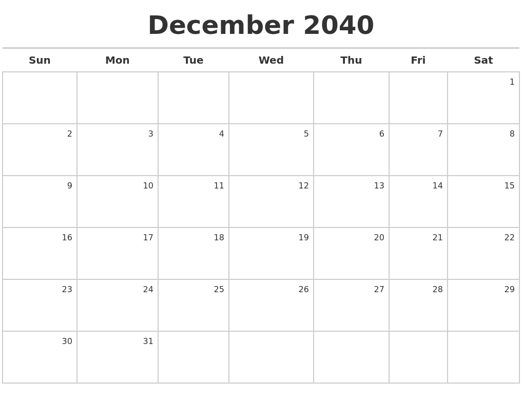 December 2040 Calendar Maker