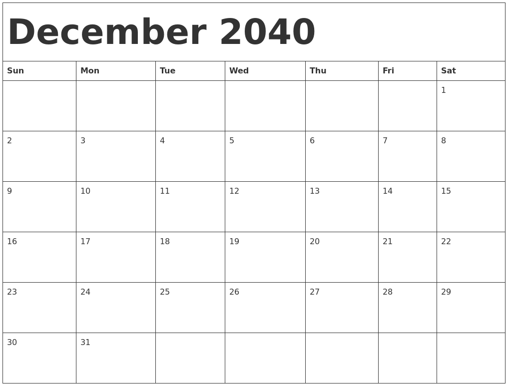 December 2040 Calendar Template